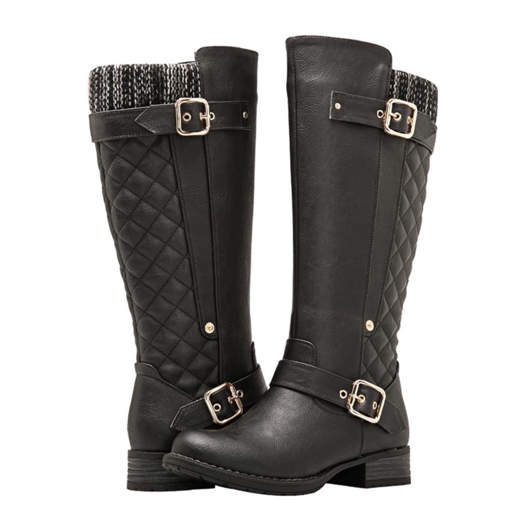 Black Quilted Buckle Knee High Boots